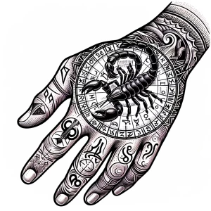 Hand tattoo for man that show Leo Leo Scorpio natal chart