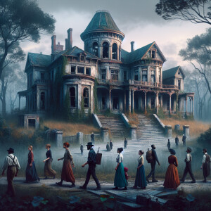 People walk past an abandoned mansion