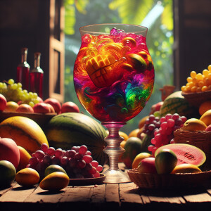 Draw a table with mangoes and watermelons and purple grapes, ove...