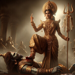 photograph of angry looking, indian goddess trampling a defeated...
