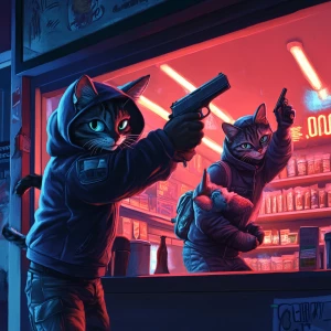 Anthropomorphic gangster cats in hoodies and ski masks robbing a...