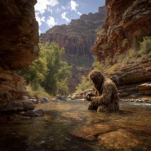 A humanoid looking hair covered sasquatch on its knees dri king...