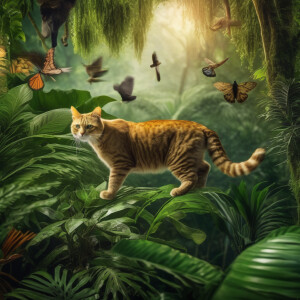 A flying cat with some other animals in the jungle
