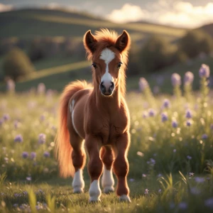 A stunningly realistic chestnut baby horse (foal) standing in a...