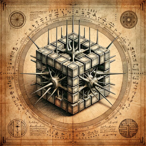 Aged parchment blueprint for a realistic cube with pointy poles...