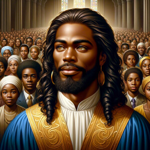 Illustrate an inspiring African-American Jesus crust with a dign...