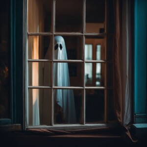 peeking into a window and seeing a sheet 
ghost inside