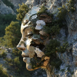 Design a 3D 8K UHD photorealistic image where a beautiful human face emerges organically from a Rocky Mountain landscape, incorporating elements of local wildlife and nature as facial features. Achieve a high level of detail and maintain a seamless, unified aesthetic throughout the composition.