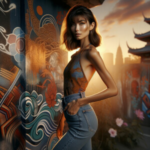 Athletic Thin skinny Attractive, Asian teenage girl, long brown hair and bangs, wearing tight skinny jeans and a halter top paint marks on her clothing, heroic pose Asian graffiti background, backside view