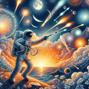 A vibrant landscape with stars blending into whimsical shadows,...