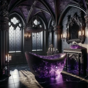 Create a 3D Gothic-style bathroom featuring a luxurious amethyst...