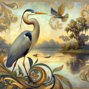 Create an image of a heron full body set against a typical Louis...