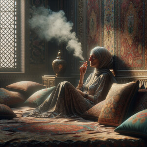 Middle-aged woman sitting on her bed smoking a cigarette .