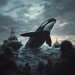 A realistic cinematic scene of a giant orca whale being seen fro...