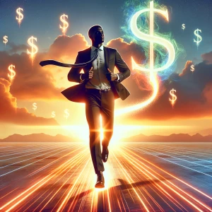 “Successful person walking confidently into the sunset with floa...