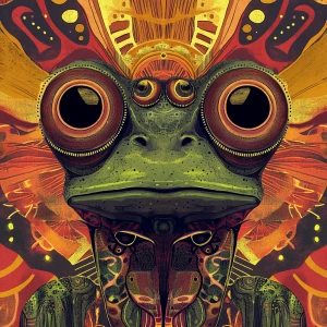 Create an image of an alien frog featuring characteristics of an...