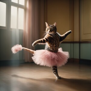 A cat performing a ballet dance, wearing a tutu and ballet shoes...