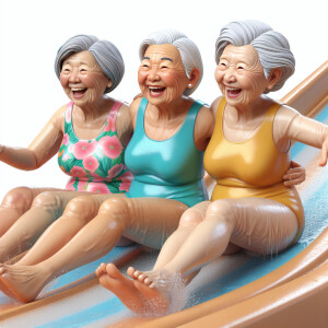 Three wrinkled older ladies and grey hair wearing swimsuits are...