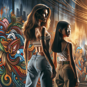 Athletic Thin skinny Attractive, Asian teenage girl, long brown hair and bangs, wearing tight skinny jeans and a halter top paint marks on her clothing, heroic pose Asian graffiti background, backside view