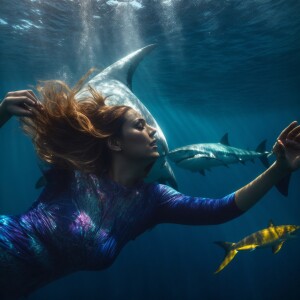 underwater image of a woman freediving alongside a great white s...
