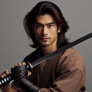 Indian guy with long hair and brown skin holding back his katana...