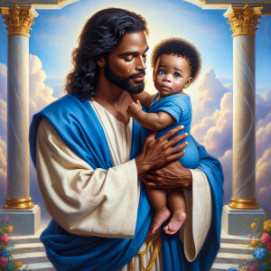 Classical oil painting style depicting an African-American Jesus...