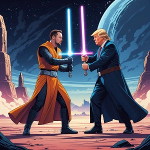 Create a poster of Star Wars-inspired duel between Elon Musk and...