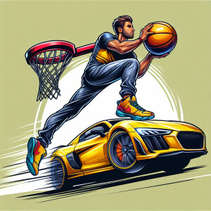 Speed racer jumping over a Lamborghini with a basketball in his...