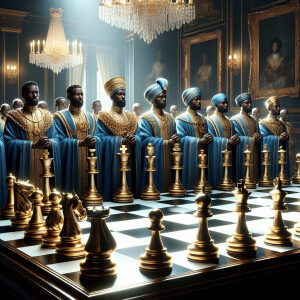 Create a 3D realistic oil painting of a classic chessboard in a...