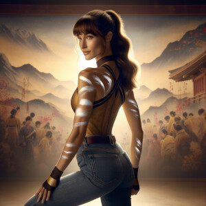 Athletic Thin skinny Attractive, Asian teenage girl, long brown hair and bangs, wearing tight skinny jeans and a halter top paint marks on her clothing, heroic pose Asian graffiti background, backside view