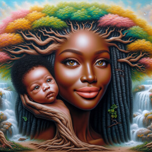 Create a close-up, hyper-realistic 3-D oil painting of a tree wi...