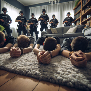 4 caucasian male teens handcuffed, laying flat face down on the...