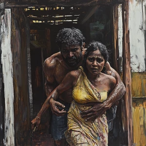 realistic painting,a muscular sweaty man carrying his 48 year ol...