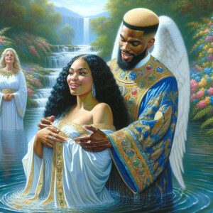 An oil painting depicting a light-skinned African-American pasto...