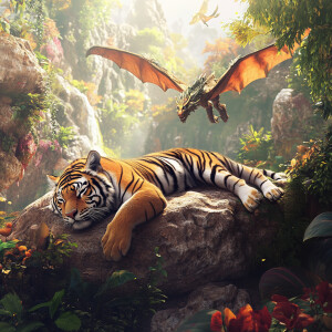 Create an image of a relaxed tiger sprawled out on a large bould...
