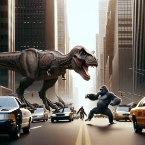 A dinosaur chasing cars then fights a gorilla then they fight