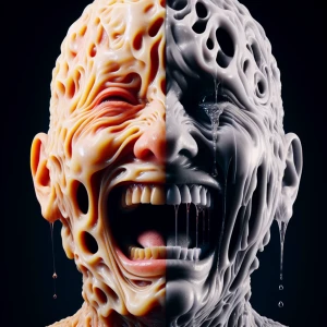 Bizarre  gelatinous smile now cry later mask, electrifying, ultr...