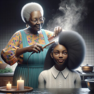 Create a realistic 3-D image of an african-American grandmother in the kitchen with her african-American granddaughter. The grandmother has a hot comb in her hair and she is straightening her granddaughters hair. One side of her granddaughters hair is in  a Afro the other is bone straight 
There is smoke coming from the hot comb