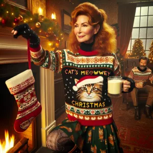 Hanging stockings a 45-year-old woman with ginger hair in a pony...