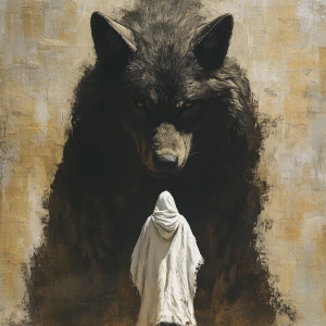 An oversized large wolf facing forward, paws  spread casting a s...