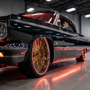 A stunning 64 Chevy impala on Dayton 100 spoke 20 inch gold rims...