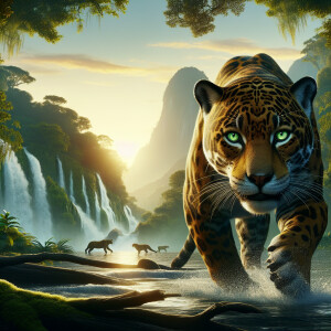[Jaguar with green eyes stalking prey]::7 [detailed vegetation a...