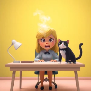 A cartoon of a blond girl sitting at a neat a clean desk. The gi...