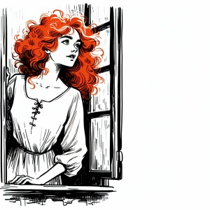 A slender, beautiful woman with flaming red hair looks out of th...