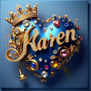 Craft a 3-D image showcasing the name 'KAREN' in a luxurious gol...