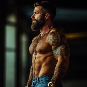 photograph of a muscular, attractive, white man with a full bear...