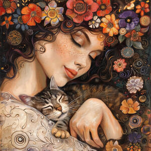 Create an image of a stunning woman adorned with flowers in her...