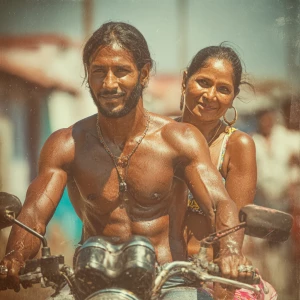 realism painting photo.a muscular sweaty indian man on motorbik...