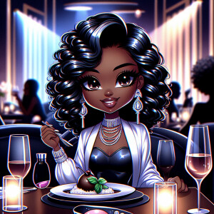 A sophisticated, Chibi-style melanin woman with glossy curls, en...
