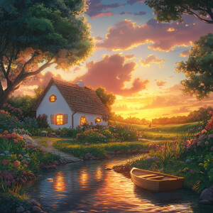 An anime-style scene set during a vibrant sunset. A cozy white c...